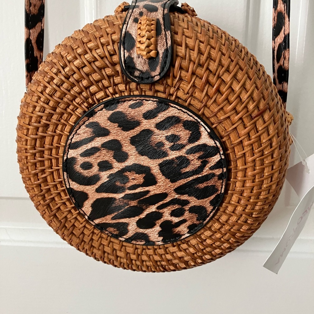 Brown Rattan Crossbody Bag with brown and black Animal Print